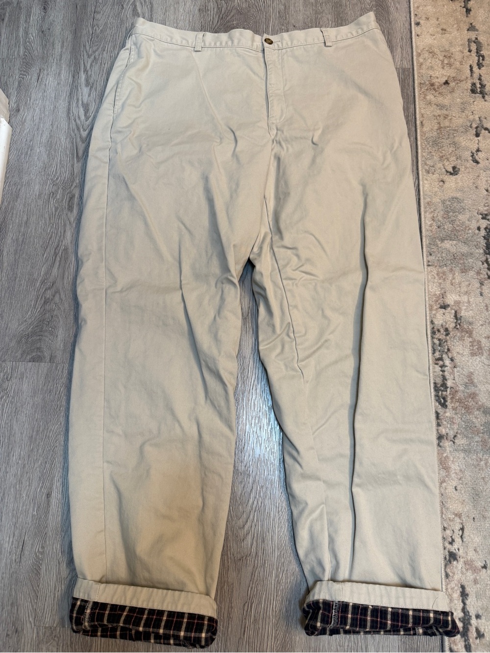 LL Bean Classic Fit Flannel Lined Jeans Mens 42x36 Tan Khaki Plaid Lining 71341